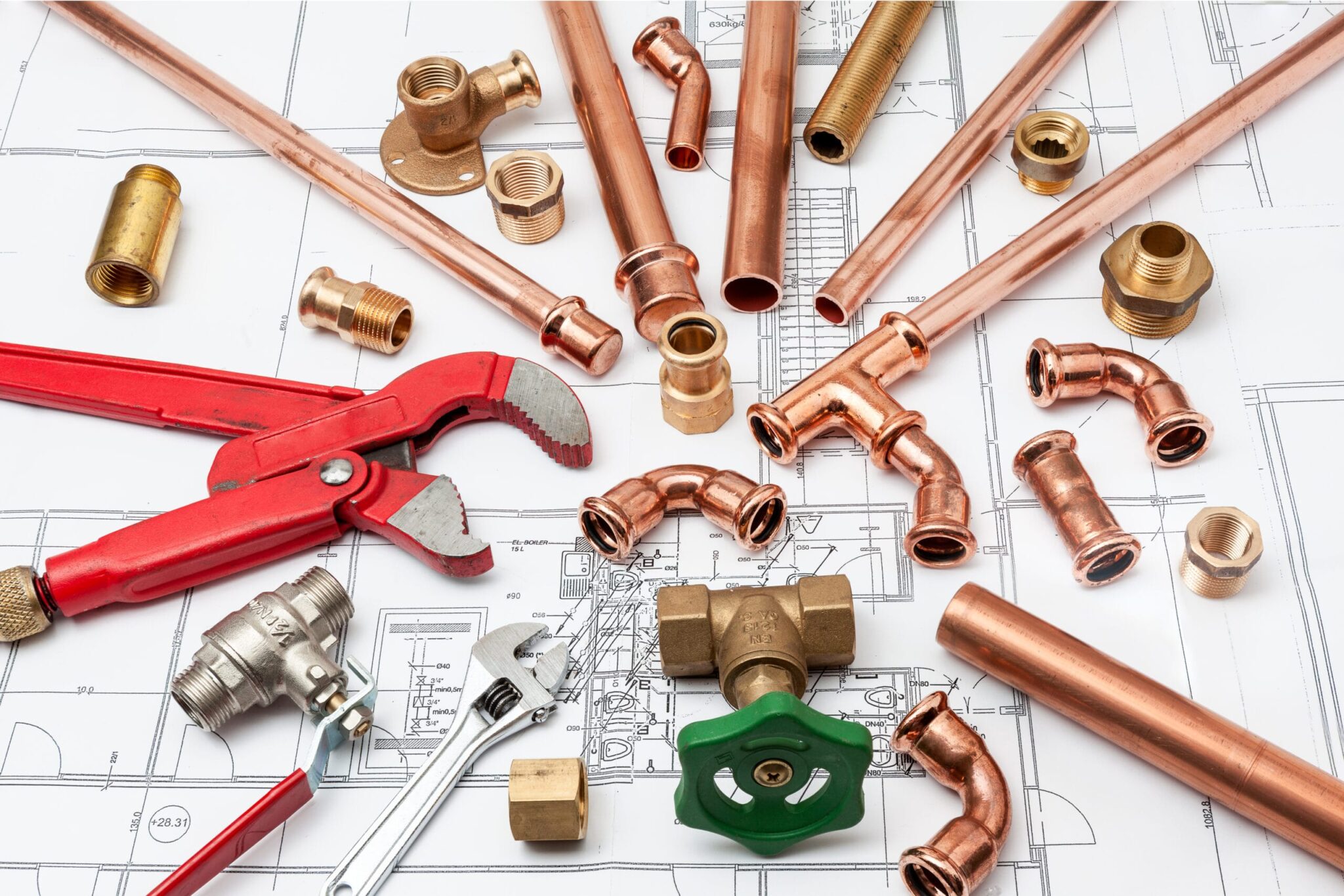 Copper pipes, fittings, valves, and plumbing tools in Acworth