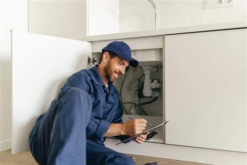 Residential plumber reviewing plumbing repairs in a Acworth kitchen