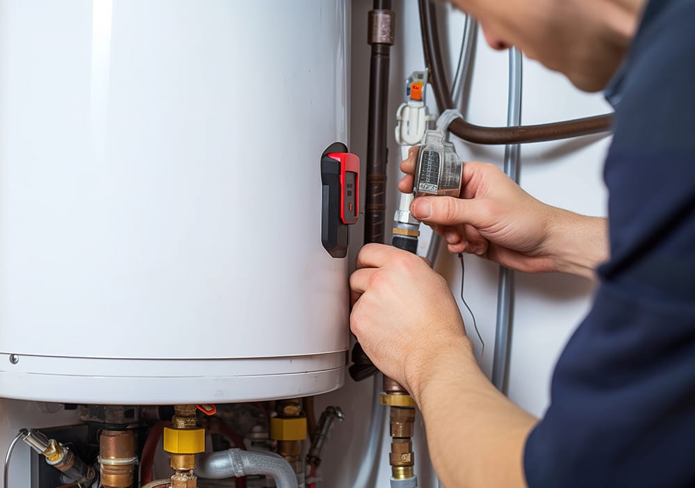 Technician repairing pipes connected to a water heater in Acworth